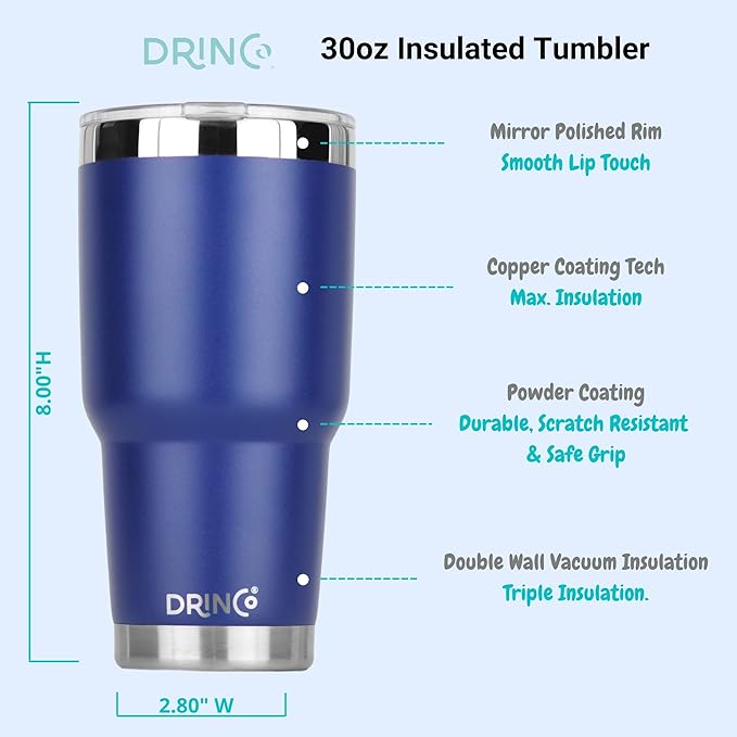 Drinco - 30 oz Stainless Steel Tumbler | Double Walled Vacuum Insulated Mug With Lid, 2 Straws, For Hot & Cold Drinks (30oz Royal Blue, 30oz)