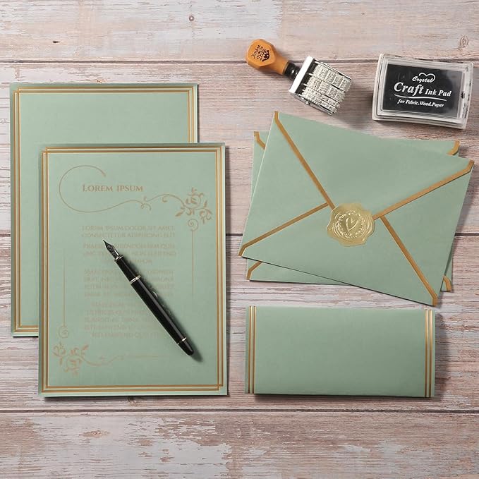50 Pack Stationery Set with Gold Border, A6 Envelopes and 6x8 Paper Sheets and Stickers for Writing Letters (Sage-Green, 6x8 Inches)