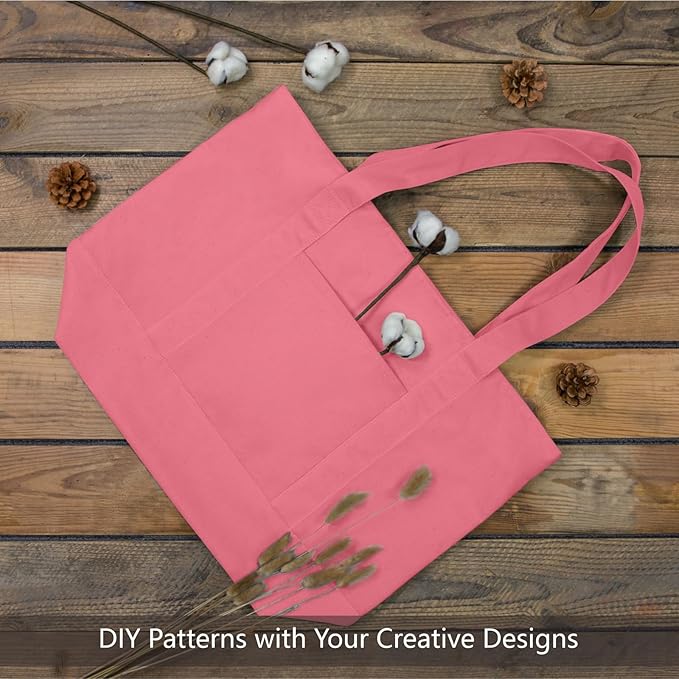 TOPDesign 1-Pack Canvas Tote Bag with an External Pocket, Reusable Grocery Shopping Bag, Top Zipper Closure, Daily Essentials (Rose Pink)
