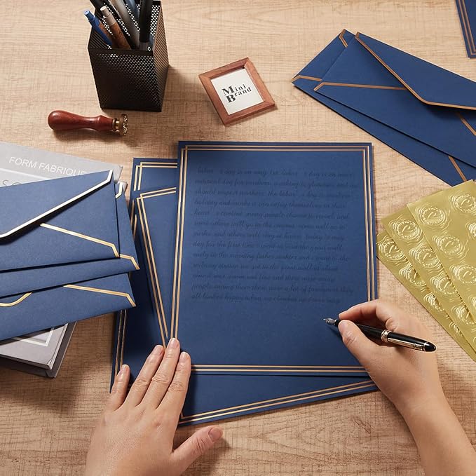 50 Pack Stationery Set with Gold Border, #10 Business Envelopes and 8.5x11 Paper Sheets and Stickers for Writing Letters (Navy Blue, 8.5x11 Inches)