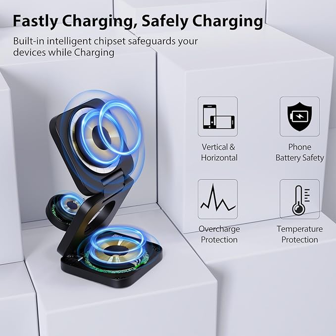 Fast Wireless Charger, Magnetic Foldable 3 in 1 Charging Station for iPhone 17/16/15/14/13/12/Pro/Plus/Pro Max, 5W Portable Charger for Apple Watch10/9/8/7/6/5/4/3/SE, for Airpods3/2/Pro-Black
