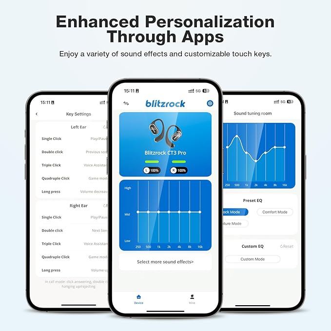 BlitzRock CT3 Pro Open Ear Headphones, Rich Balanced Sound, AI ENC 4 Mics Clear Calls,40H Playtime, IPX5 SweatSafe, Bluetooth 5.4 Wireless Earbuds with Earhooks, App Control