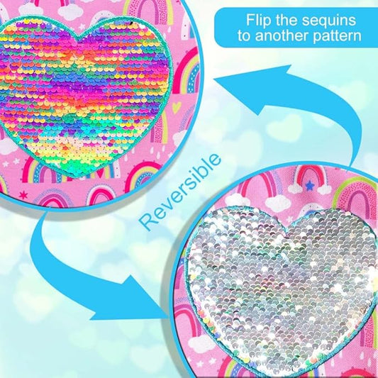 3pcs Girls Backpack, 16" Rainbow Sequin Bookbag with Lunch Box, Kids School Backpacks for Elementary Kindergarten Preschool(Pink)