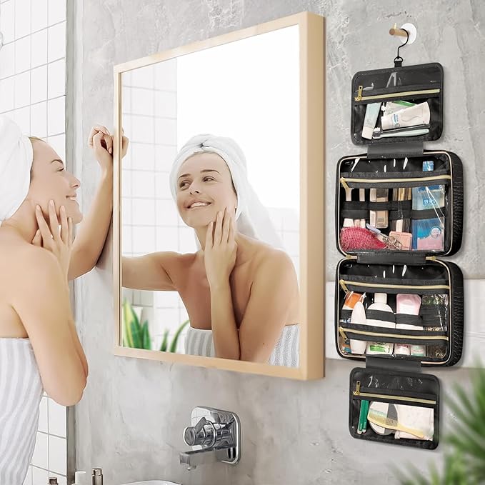 Dot&Dot Spacious Leather Toiletry Bathroom Bag - Hanging Travel Toiletry Bag for Women - Men's & Women's Toiletries Makeup and Cosmetic Organizer for Traveling Women