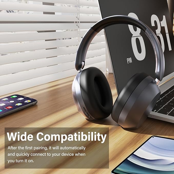 Y05 Bluetooth Headphones Wireless Over Ear with Microphone 48 Hours Playtime, High Sound Quality Foldable Soft Earpads Earphones for Travel - Space Grey