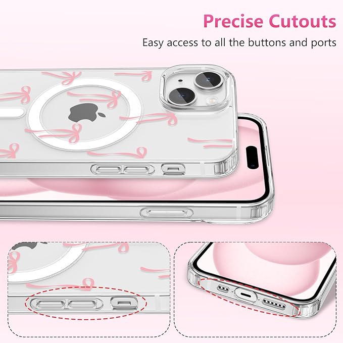 ZTOFERA for iPhone 14 Plus/15 Plus Magnetic Case Clear,Cute Love Heart Ribbon Bow Tie Aesthetic Phone Case,Transparent Trendy Slim Soft Shockproof Protective Phone Cover for Women Girls,Pastel Pink