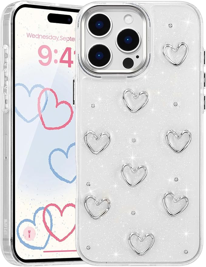 EYZUTAK Case for iPhone 16 Pro Max, Bling Glitter 3D Hearts Phone Case Cute Sparkly Crystal Clear Heart Aesthetic Design Case Slim Soft Durable TPU Transparent Protective Cover for Women Girls - Heart