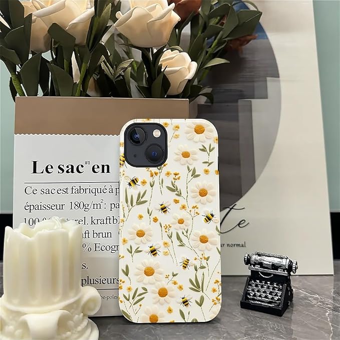 Case for iPhone 15 Case,Bees Sunflowers Design - Hybrid Dual Protection Silicone + Hard PC Shockproof Full Body Cover Slim Anti-Scratch Protective Case for Men Women