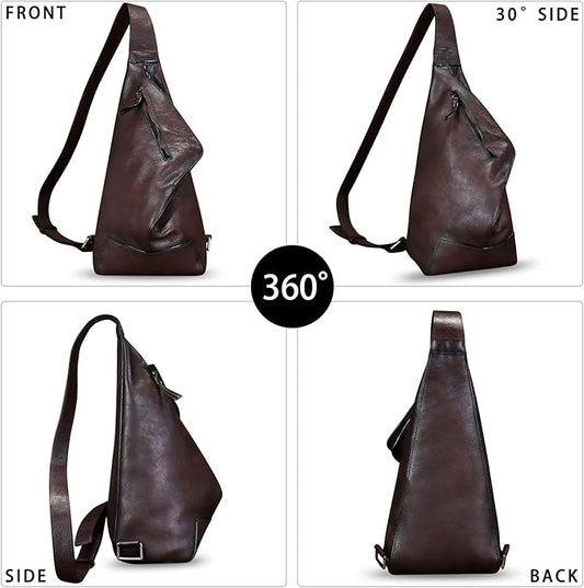 Genuine Leather Sling Bag for Men and Women Vintage Full Grain Leather Sling Purse Chest Daypack Over Shoulder Crossbody Bag (Coffee)