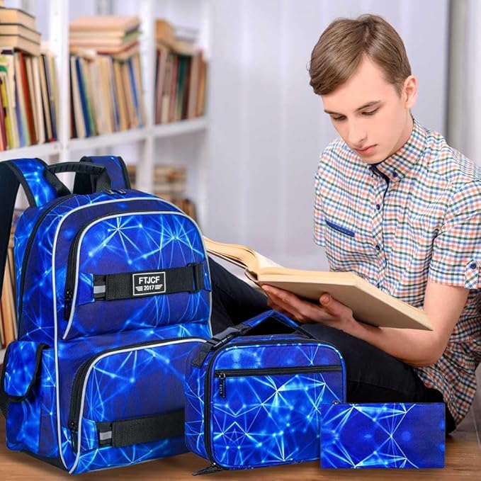 Laptop Backpack, 17 Inch School Bag College Bookbag with Lunch Bag Set, Water Resistant Aurora Backpacks for Teens Boys Man Students (Blue)