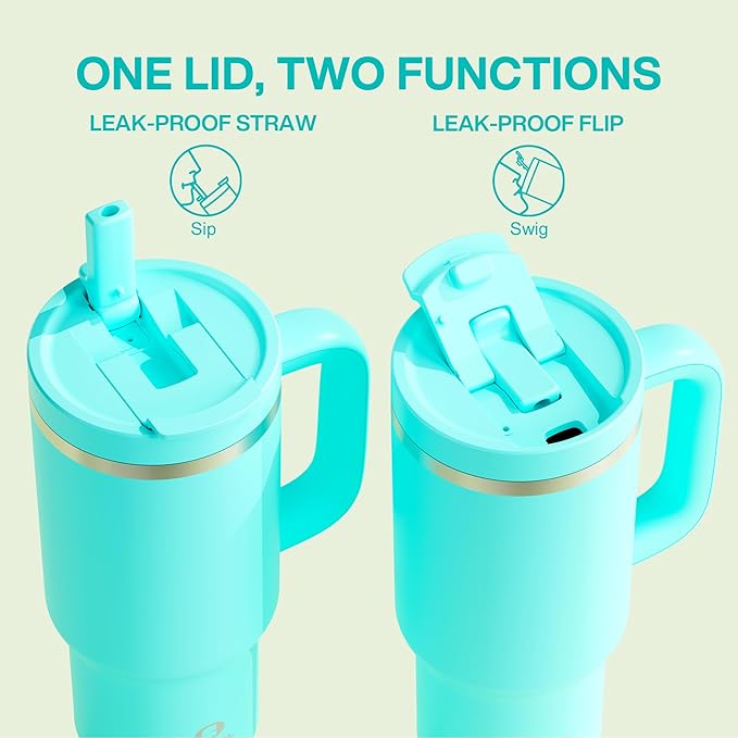 32 oz Tumbler with Handle and Straw: Stainless Steel Insulated Tumbler Keeps Cold for 24 Hours, Leakproof Travel Cup Fits in Cup Holder and BPA-Free, Aquamarine Blue