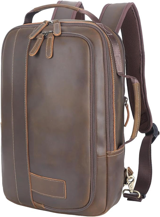 Masa Kawa Leather 15.6" Laptop Backpack for Men Convertible Briefcase Backpacks Expandable Vintage Business Work Travel Rucksack Daypack, Light Brown