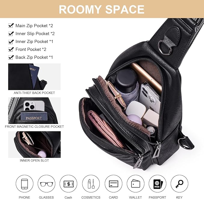 Womens Sling Bag Crossbody Bags for Women Vegan Leather Sling Backpack Daypack Fanny Pack Crossbody Purse Travel
