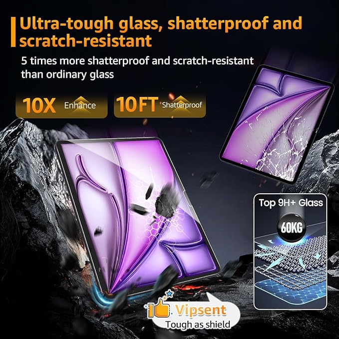 2-Pack Glass Screen Protector for iPad Air 13 Inch M3 2025 & M2 2024 (7th/6th Generation) Military Shatterproof, 9H+ Hardness, Auto-Alignment Frame, Anti-Fingerprint, HD Clear, Scratch Resistant