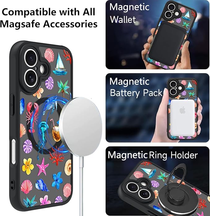 KANGHAR Case for iPhone 16 Plus [Compatible with Magsafe] Cute Flower Floral Sea Turtles Coconuts Jellyfish Collage Summer Pattern Protective Magnetic Case for Girls Women 6.7"