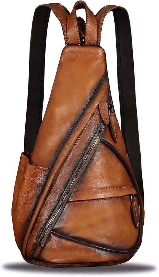 Genuine Leather Sling Bag for Men and Women - Vintage Sling Backpack Shoulder Crossbody Chest Bag for Ipad