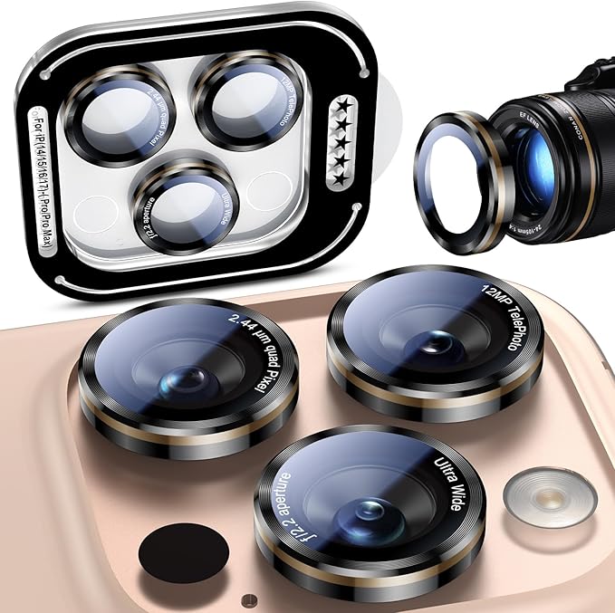 Uyiton for iPhone 17 Pro Max/17 Pro/16 Pro Max/16 Pro/15 Pro Max/15 Pro/14 Pro Max/14 Pro Camera Lens Protector - Military-Grade Tempered Glass Metal Camera Cover, Easy to Install, Black+Gold