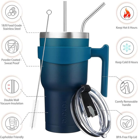BJPKPK Tumbler With Handle And Straw 30 oz Stainless Steel Insulated Tumbler Cups With Lid For Water Or Ice Coffee,Indigo Black