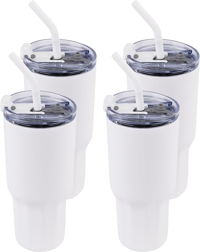 VEGOND 30 oz Insulated Stainless Steel Tumblers with lid and straw Bulk Pack Double Wall Vacuum Coffee Mug with Non-Slip Silicone Base, Sweat Proof Powder Coated Cup for Hot Cold Drinks, White 4Pack