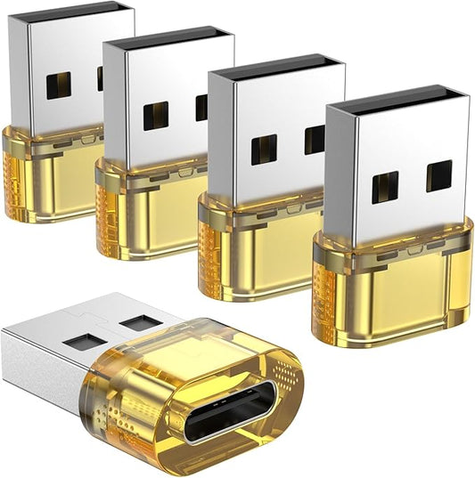 5 Pack USB A to USB C Adapter,A Male to Type C Female Charger Converter Compatible with Apple Watch,iPhone 15 14 13 12 Pro Max Plus,iPad 9 10 Air 5 Mini 6,Car,Samsung Galaxy S23 S24 (Yellow)