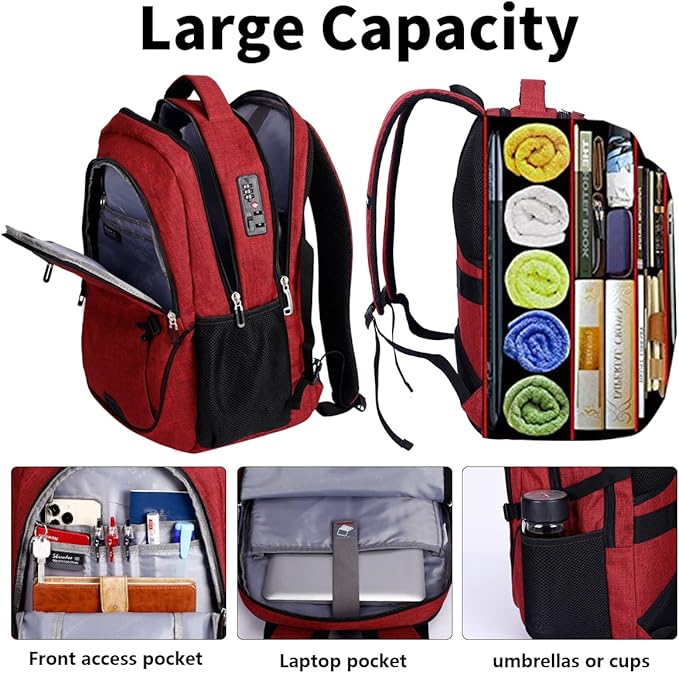 SHRRADOO Anti Theft Laptop Backpack Travel Backpacks with usb Charging Port for Women Men High School College Backpack Computer Bag Fits 17 Inch Laptop,Red