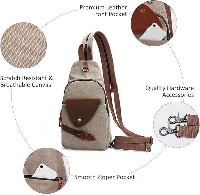 KL928 Canvas Sling Bag Crossbody Backpack Shoulder Casual Rucksack for Men Women,Khaki