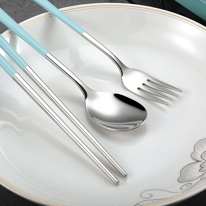 Travel cutlery set, 18/8 stainless steel cutlery, Reusable utensils set with case, Portable Silverware Lunch Box for Camping and Office