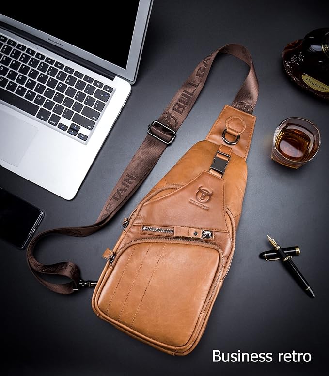 BULLCAPTAIN Men Sling Chest Bag Genuine Leather Casual Multipurpose Crossbody Shoulder Backpack Travel Hiking Daypack (Yellowish brown)