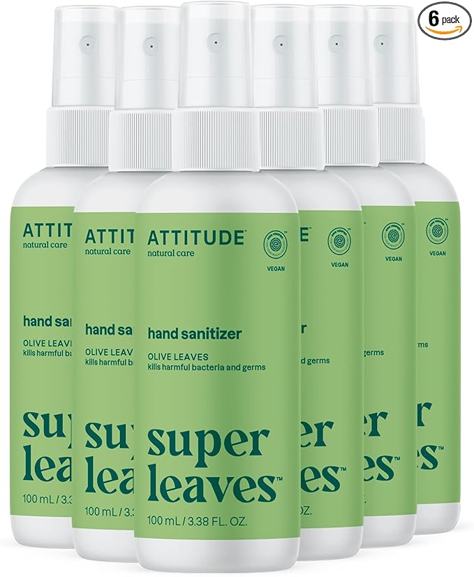 ATTITUDE Hand Sanitizer Spray for Adults and Kids, EWG Verified, Kills Bacteria and Germs, Vegan, Olive Leaves, 3.38 Fl Oz (Spray Bottle) (Pack of 6)