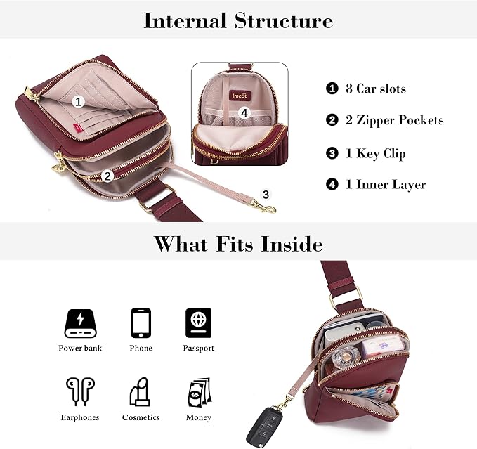 INICAT RFID Blocking Sling Bag Leather Crossbody Bags for Women Fanny Pack Cross Body for Woman Chest Bag for Travel 1.9L
