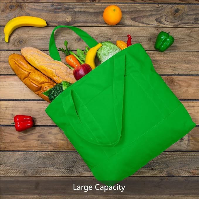 TOPDesign 1-Pack Canvas Tote Bag with an External Pocket, Reusable Grocery Shopping Bag, Top Zipper Closure, Daily Essentials (Lime Green)
