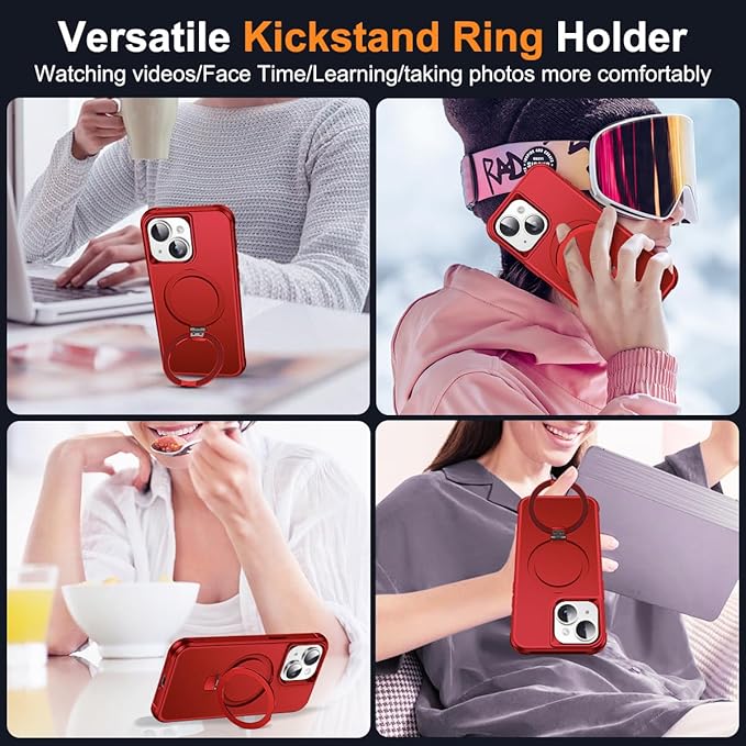 Compatible with iPhone 13 Case & iPhone 14 Case with Invisible Magnetic O-Ring Stand Phone Cases for 13 & 14 6.1" [Compatible with Mag-Safe][Great Grip Feeling], Red