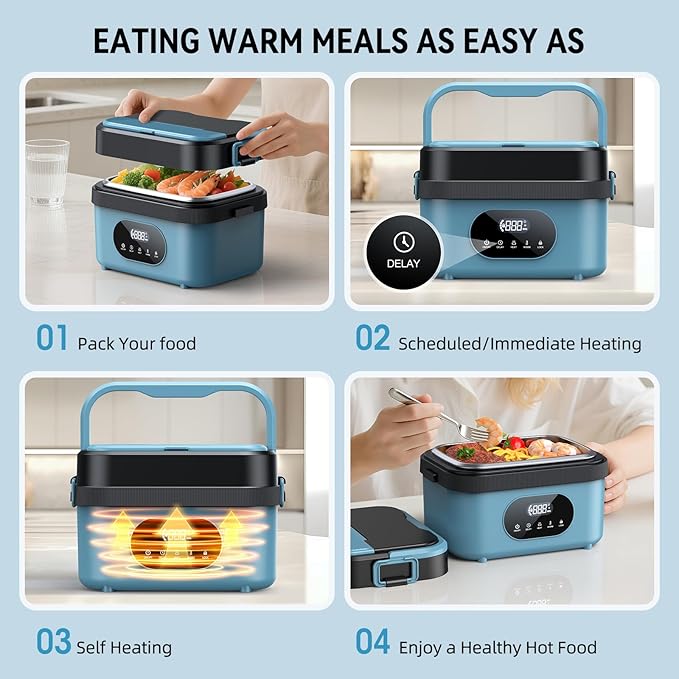 Cordless Electric Lunch Box for Adults, Rechargeable Portable Self-Heating Lunch Box Food Warmer, 1.5L Container for Outdoor, Work, Office, Camping, Travel(Blue＆Black)