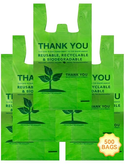 500 Count Recyclable Compostable 100% Biodegradable T-Shirt Bags, Eco-Friendly Grocery Shopping Bags, 11.5" x 6.25" x 21", 16 Mic