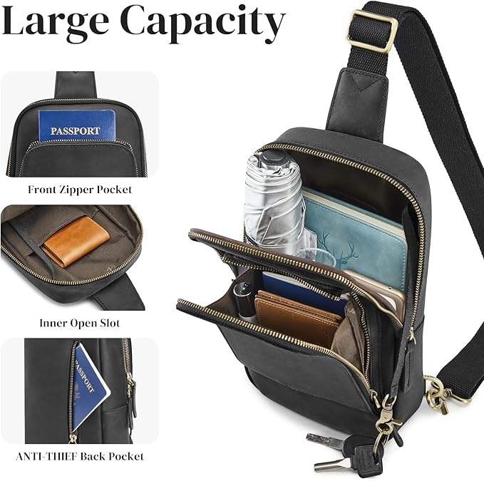 S-ZONE Sling Bag for Men Women RFID Blocking Top Grain Leather Crossbody Shoulder Bag Chest Hiking Daypack Travel