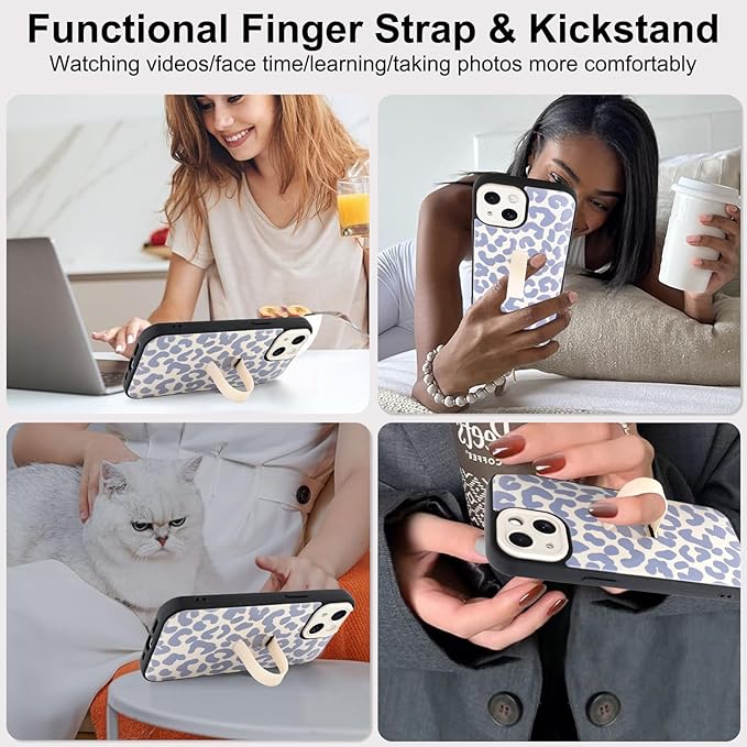 Compatible with iPhone 13 Case with Finger Hand Strap Kickstand, Trendy Cool Leopard Cheetah Print Phone Case for Women Men, Full Camera Protection Shockproof Protective Cover, White