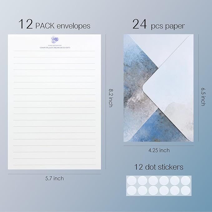 Tuhangcc Stationary Paper Set Minimalism - Hand Blended Colors,12 Envelopes (4x6 in) & 24 Lined Paper for Wedding Love Letters, Invitations, Anniversaries (Lake Blue - Grey)