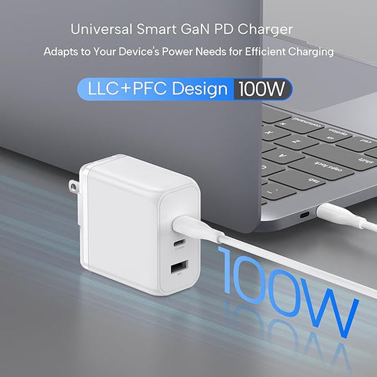 100W Smart GaN PD Charger, 6.6ft/2m 100W E-Mark Cable, 3 Ports (2 USB-C, 1 USB-A), Compatible with MacBook Pro, Pixelbook, ThinkPad, XPS, iPad Pro, Samsung S25 Ultra, iPhone 16 Pro & More