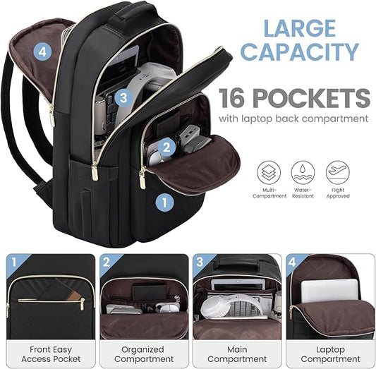 LOVEVOOK Leather Backpacks for Women,17.3 inch Leather Laptop Backpack Women Computer Backpack Laptop Bag,Stylish Quilted Travel Backpack Purse Work Bag College Teacher Backpacks with USB Port,Black