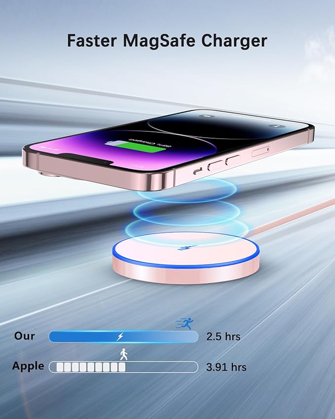 Magnetic Wireless Charger Fast Mag-Safe Charger for 16 Pro Max/16 Pro/16/16 Plus/15/14/13/12 Series AirPods 3/2/Pro/Pro 2 LED Magnet Charging Pad with Dual Charging Ports Pink