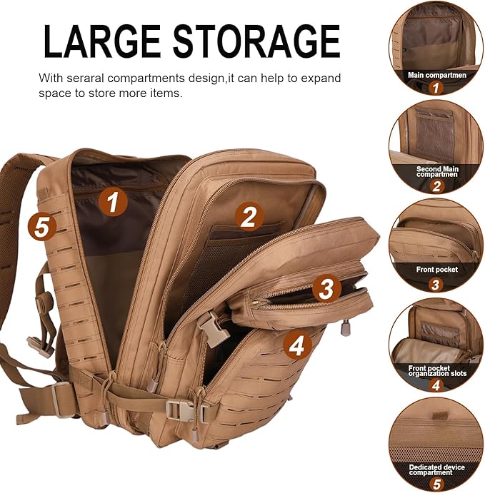 40L Tactical Backpack, Camouflage Military Bug Out Bag, Durable MOLLE Hiking Camping Gear (TAN)