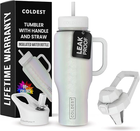 Coldest Tumbler with Handle and Straw - 100% Spill Proof Tumbler with Straw (3 Lids) - Stainless Steel Insulated Leakproof Tumblers for Women & Men - 36 oz (Cosmic Ice Glitter)