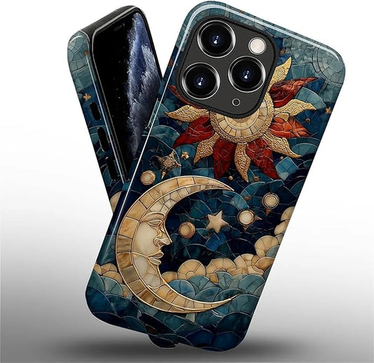Case for iPhone 11 Pro Case,Sun Moon Stars Faux Stained Glass Design - Hybrid Dual Protection Silicone + Hard PC Shockproof Full Body Cover Slim Anti-Scratch Protective Case for Men Women