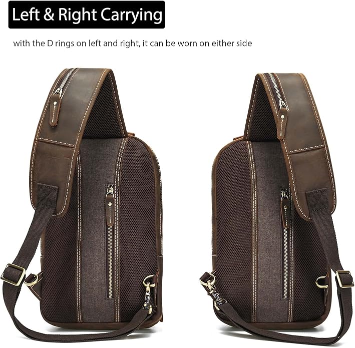 LANNSYNE Full Grain Leather Sling Bag For Men Crossbody Chest Daypack fits 10.5" iPad