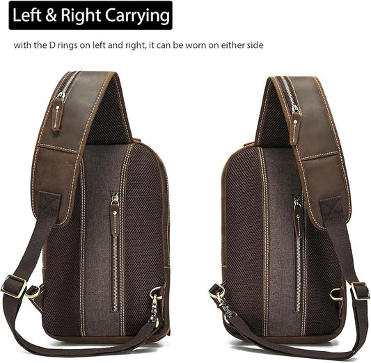 LANNSYNE Full Grain Leather Sling Bag For Men Crossbody Chest Daypack fits 10.5" iPad