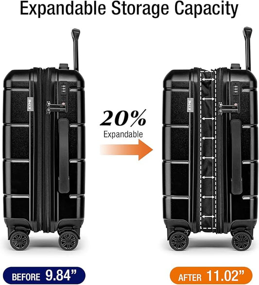 KYME Carry On Luggage 22x14x9 Airline Approved Expandable with Cup Holder 20 Inch Hardshell Carry-On Suitcase with Spinner Wheels TSA Lock Small Lightweight Travel Rolling Luggage Black