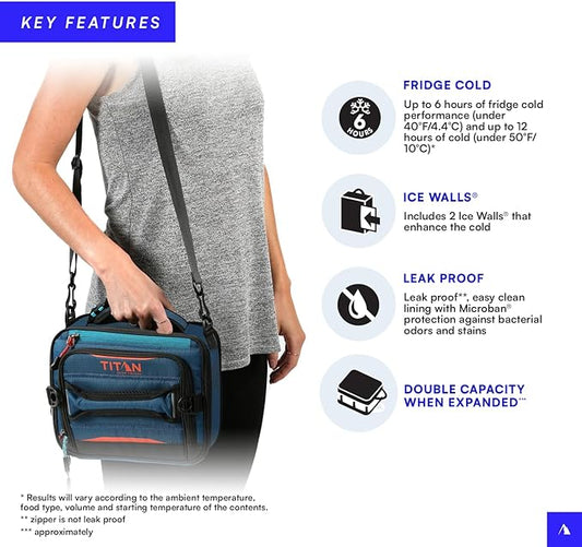 Arctic Zone Titan Deep Freeze Fridge Cold Expandable Insulated Horizontal Lunch Pack with 2X 250g High Performance Ice Walls, Blue