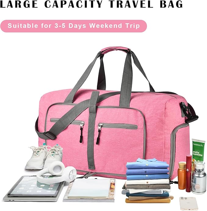 Dimayar 115L Travel Duffle Bag for Men Women - Foldable Duffel Bag with Shoes Compartment - Overnight Bags Waterproof & Tear Resistant(Pink)