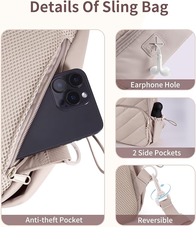 Wandering Nature Sling Bag for Women Lightweight Quilted Crossbody Bag Fits for 11" Tablet with Breathable Back Panel Anti Theft Pocket Padded Strap USB Charge Port, Ideal for Travel, Daily Use