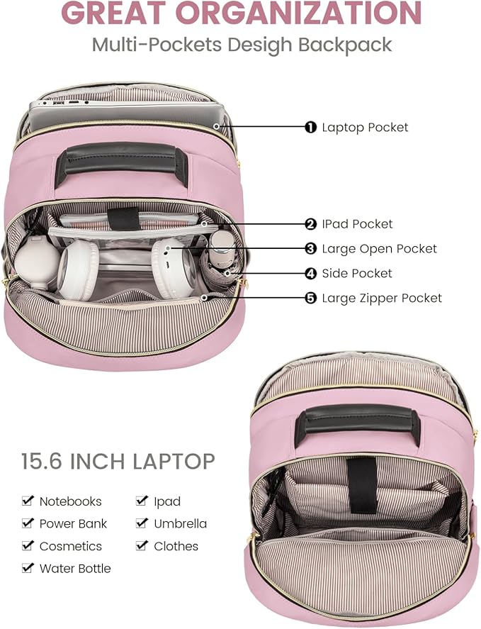 LOVEVOOK Laptop Backpack Purse for Women, Work Travel Computer Bags, College School Backpack for Student Girl, Quilted Casual Daypack with USB Port, Fit 15.6 Inch Laptop, Light Pink